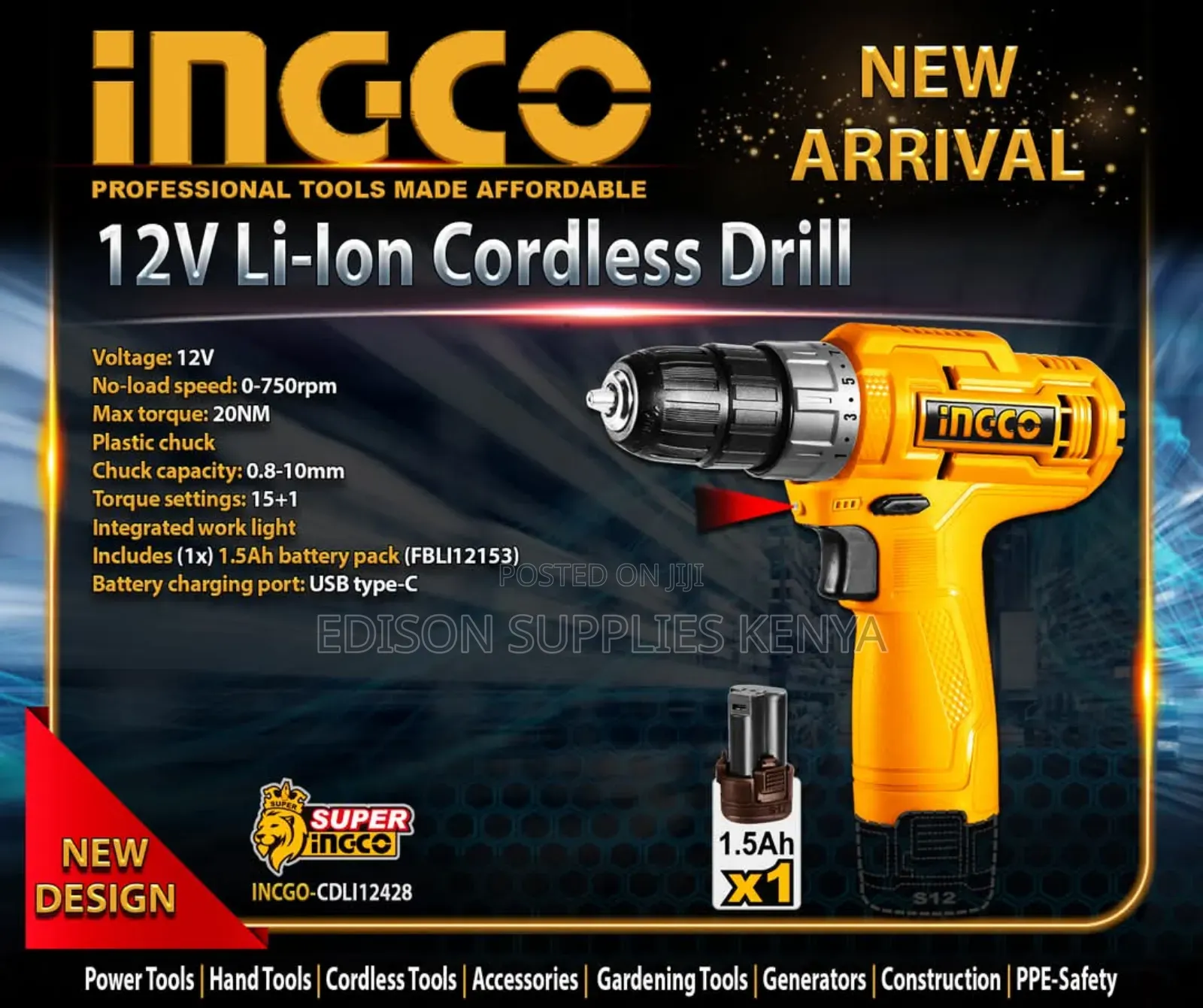 Cordless Drill Ingco 12v 20 N.M Wt 1.5ah Battery Lithium-ion
