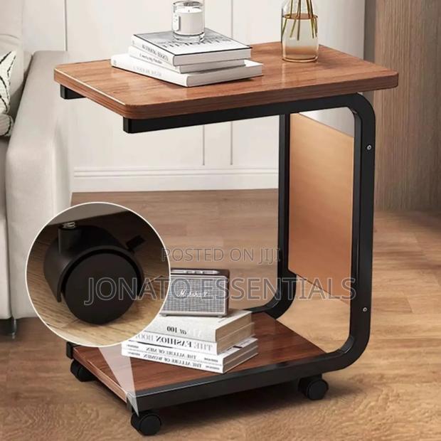 Modern C-Shaped Side Table With Storage Shelf and Wheels - thumbnail 4