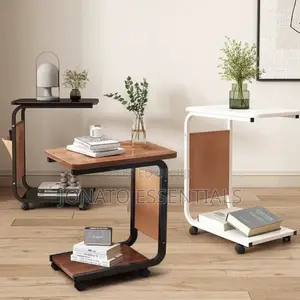 Modern C-Shaped Side Table With Storage Shelf and Wheels