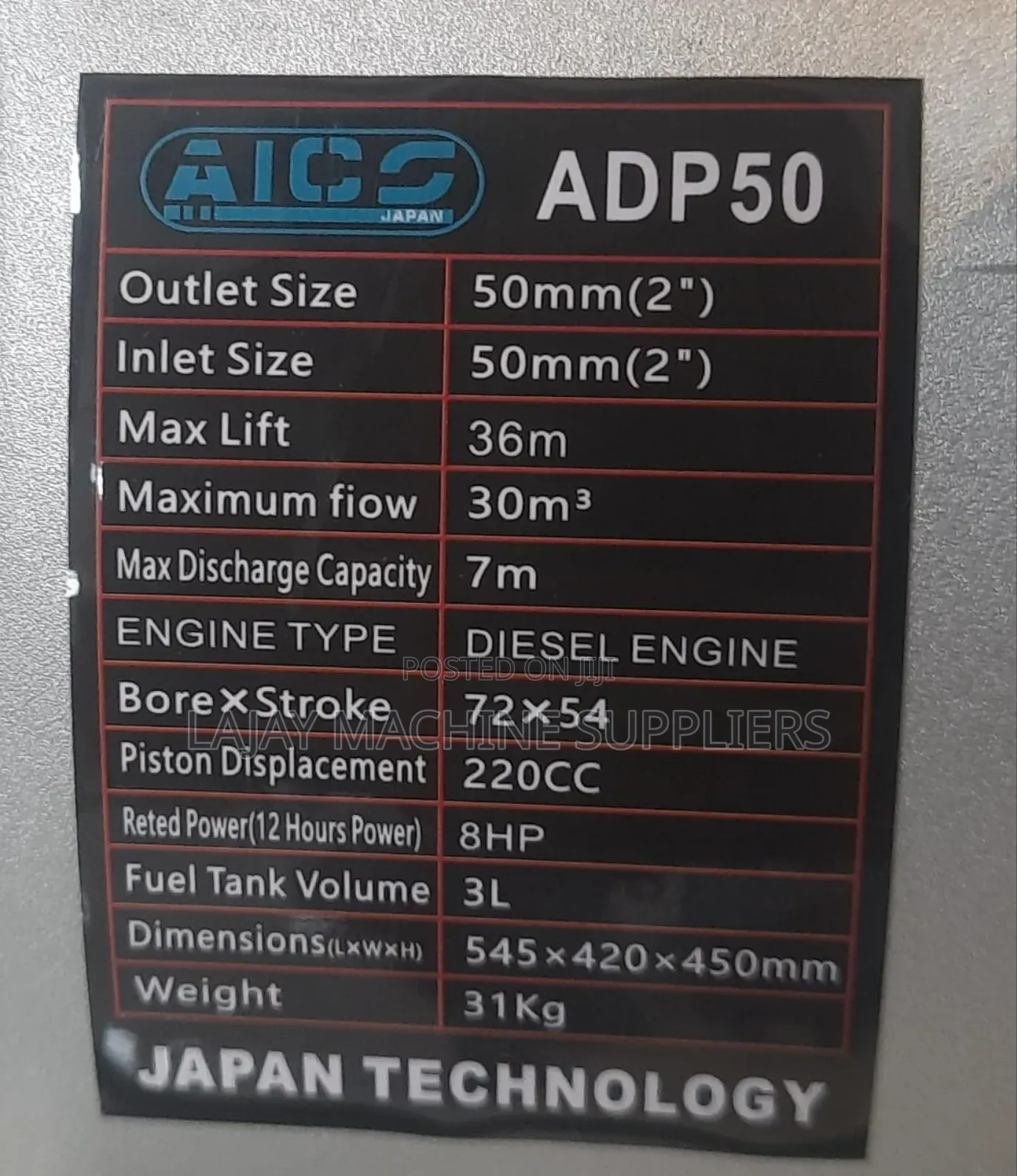 Adp50 Aico Japan Diesel Water Pump 2 Inches 8hp