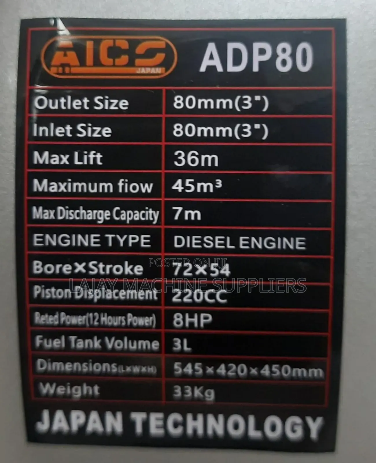 Adp80 Aico Japan *Diesel* Water Pump 3 Inches 8hp