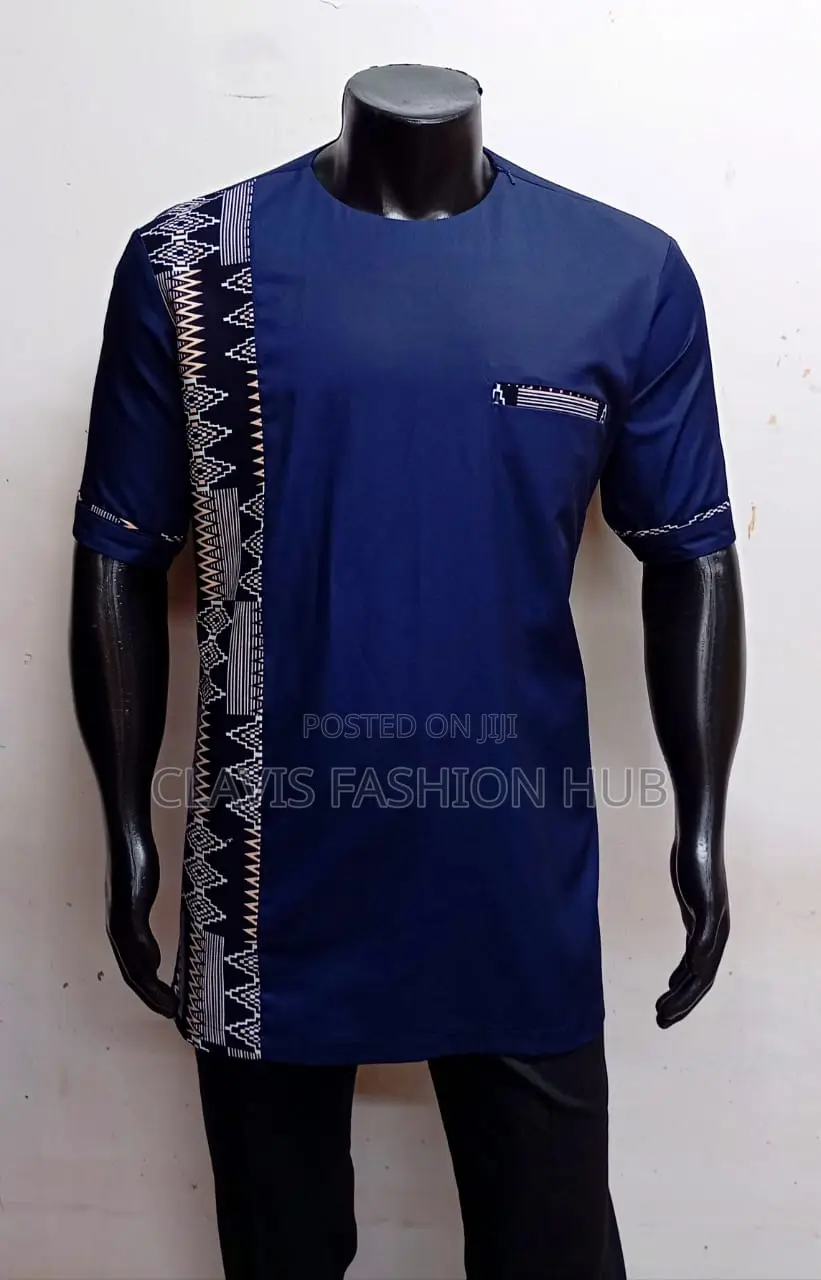 Navy Blue Short Sleeved Shirt With a Touch of Kitenge