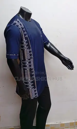 Navy Blue Short Sleeved Shirt With a Touch of Kitenge
