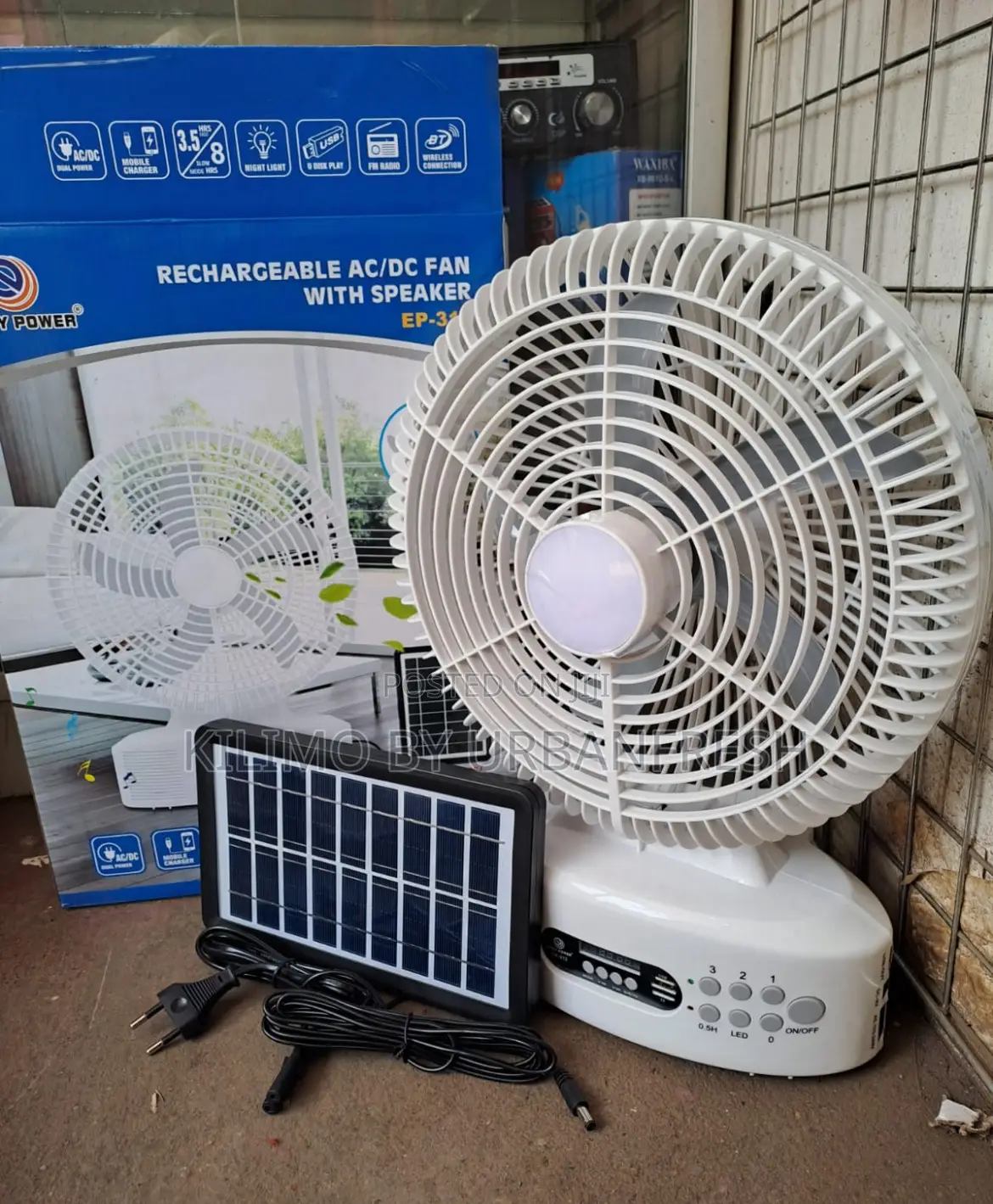 Solar Fan. Has Bluetooth , Memory Card , Fan, Lamp , Radio.