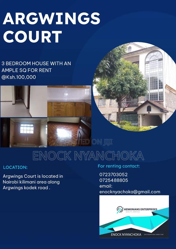 3bdrm Apartment in Argwings Court, Kilimani for rent