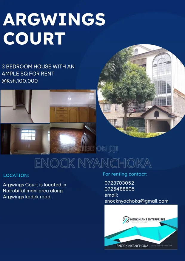 3bdrm Apartment in Argwings Court, Kilimani for rent