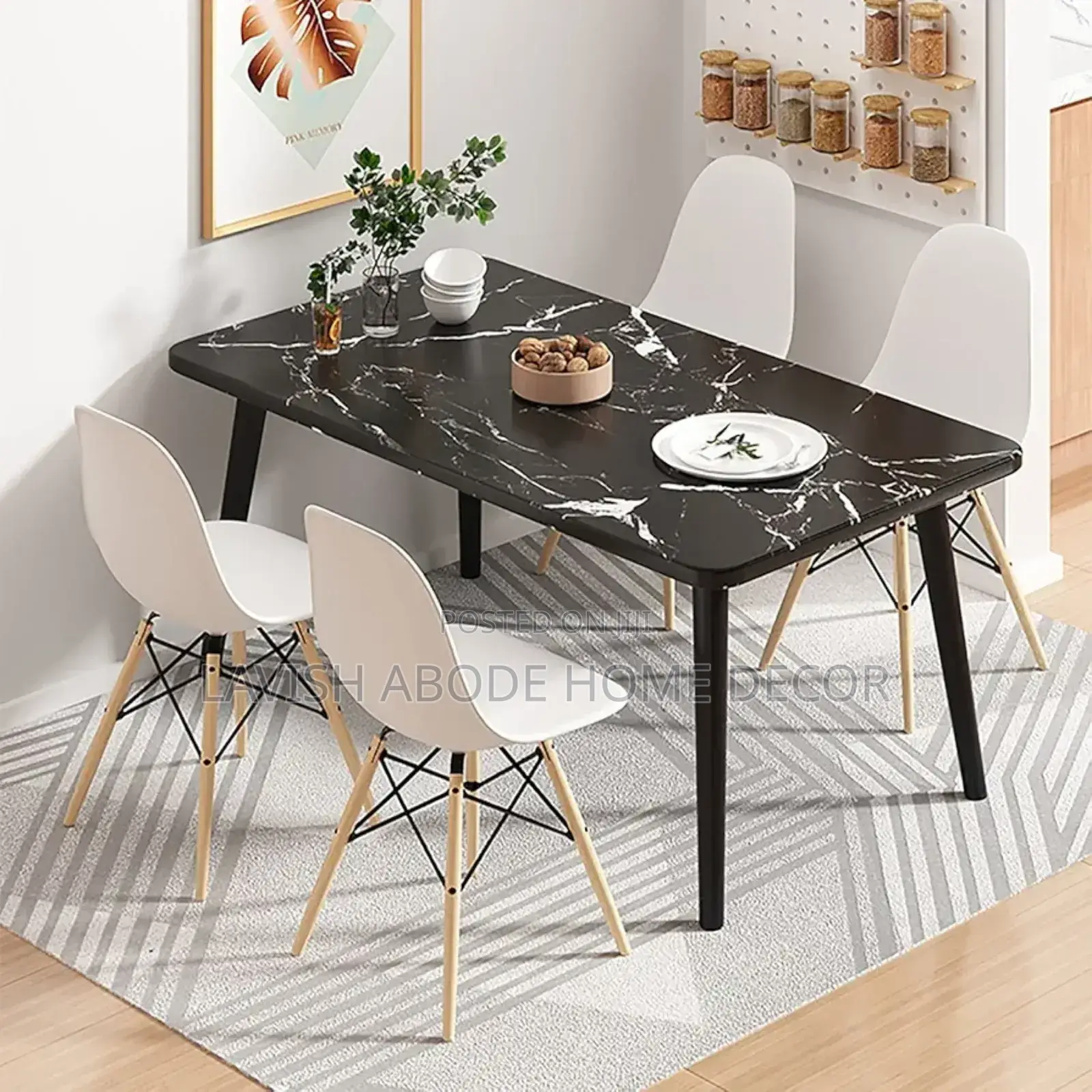 Rectangular Marble Black Dining Table Set With 4 Chairs