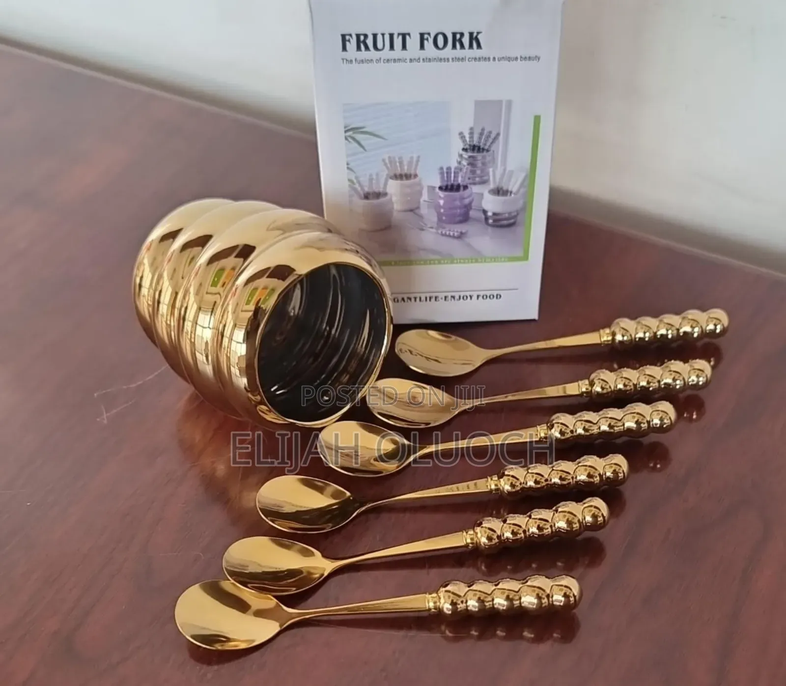Stylish Fruit Fork Golden Ceramic Bowl Plus 6 Teaspoon