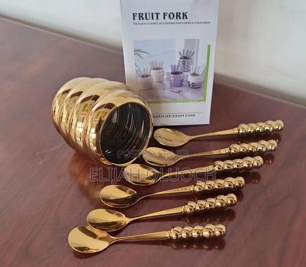 Stylish Fruit Fork Golden Ceramic Bowl Plus 6 Teaspoon