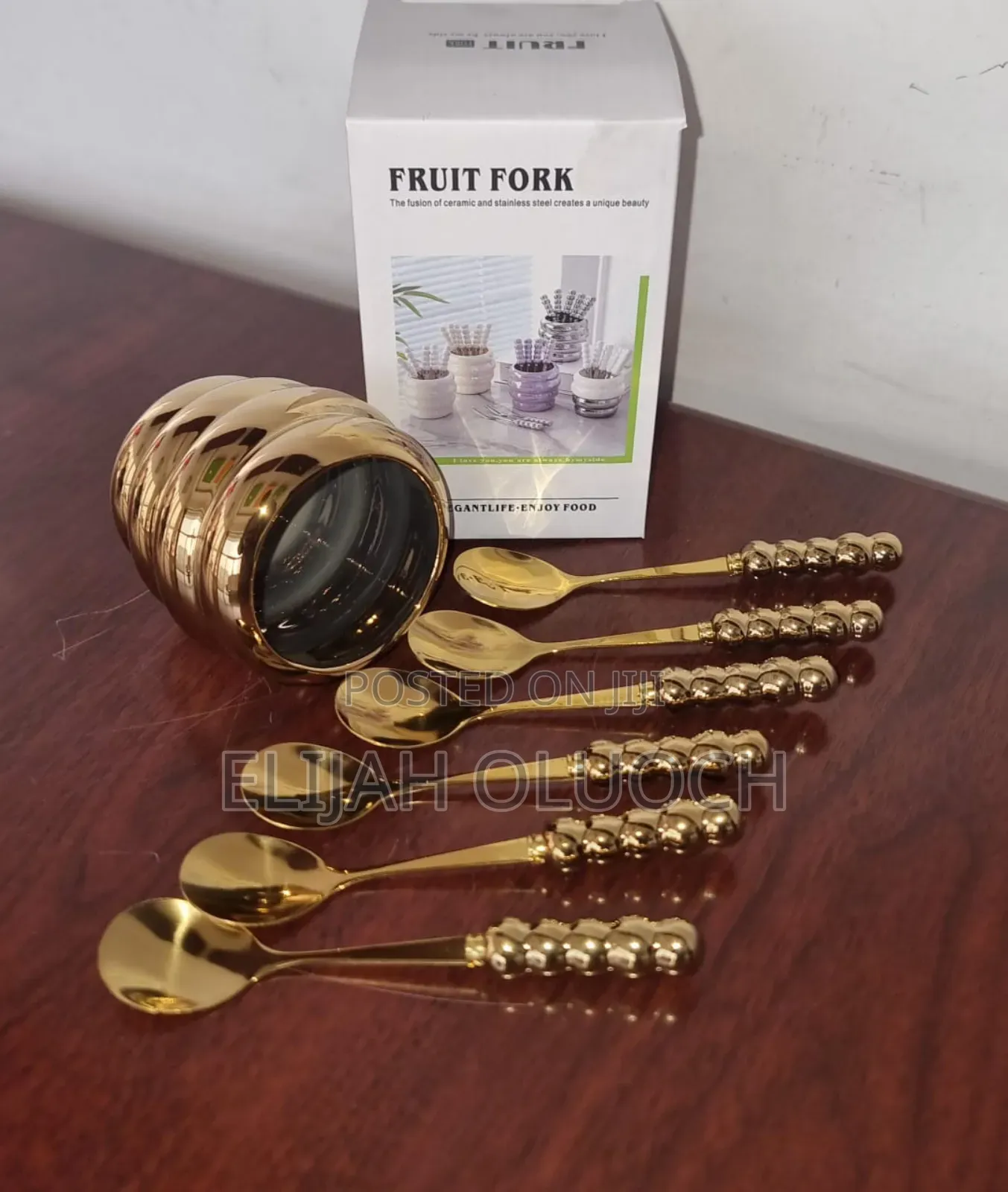 Stylish Fruit Fork Golden Ceramic Bowl Plus 6 Teaspoon