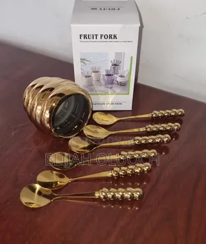 Stylish Fruit Fork Golden Ceramic Bowl Plus 6 Teaspoon