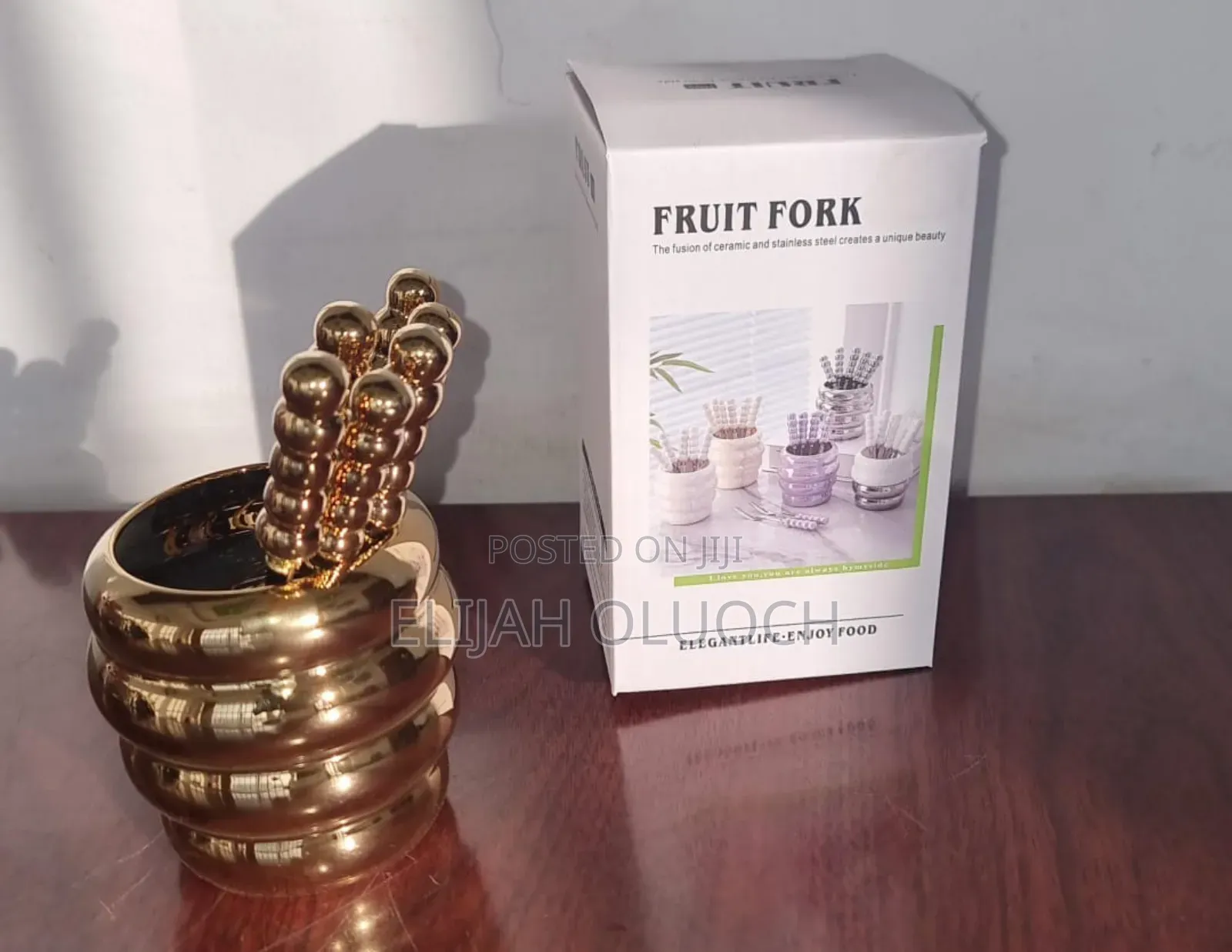 Stylish Fruit Fork Golden Ceramic Bowl Plus 6 Teaspoon