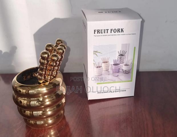 Stylish Fruit Fork Golden Ceramic Bowl Plus 6 Teaspoon - thumbnail 3