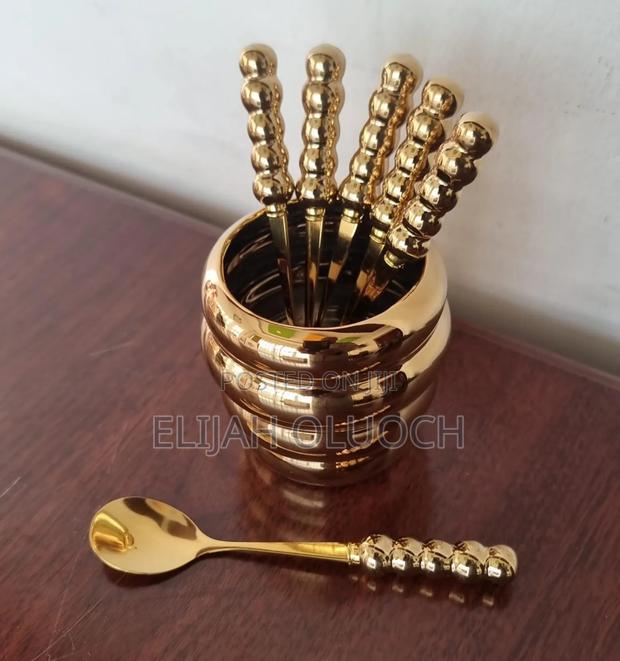 Stylish Fruit Fork Golden Ceramic Bowl Plus 6 Teaspoon - thumbnail 4