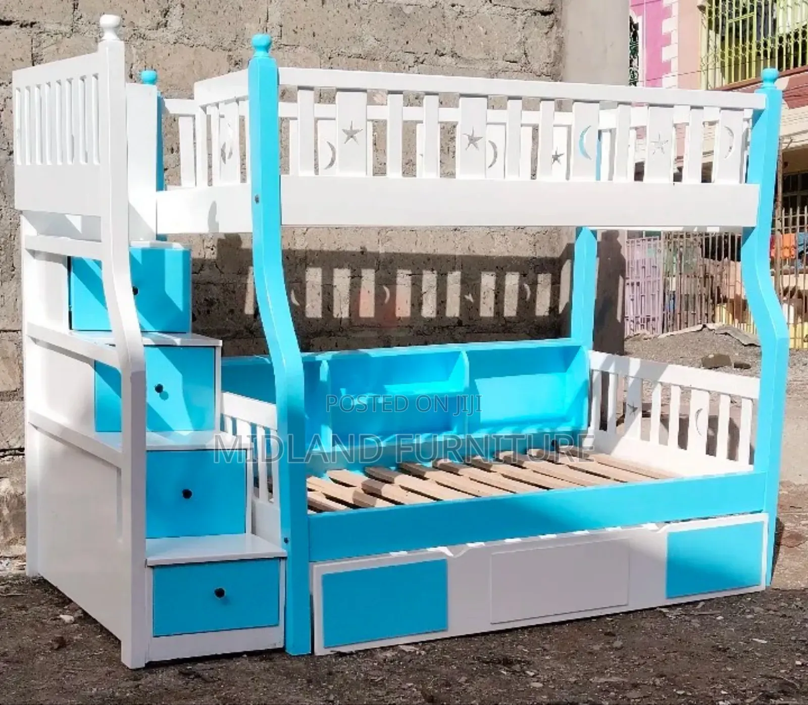 Blue Wooden Double Decker With Staircase
