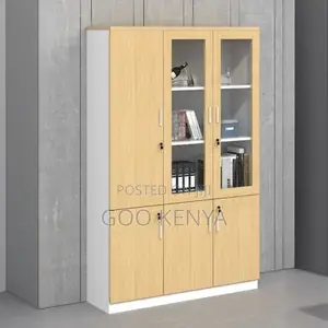 Office Cabinet ; 3-Door Natural Finish Wooden Cabinet