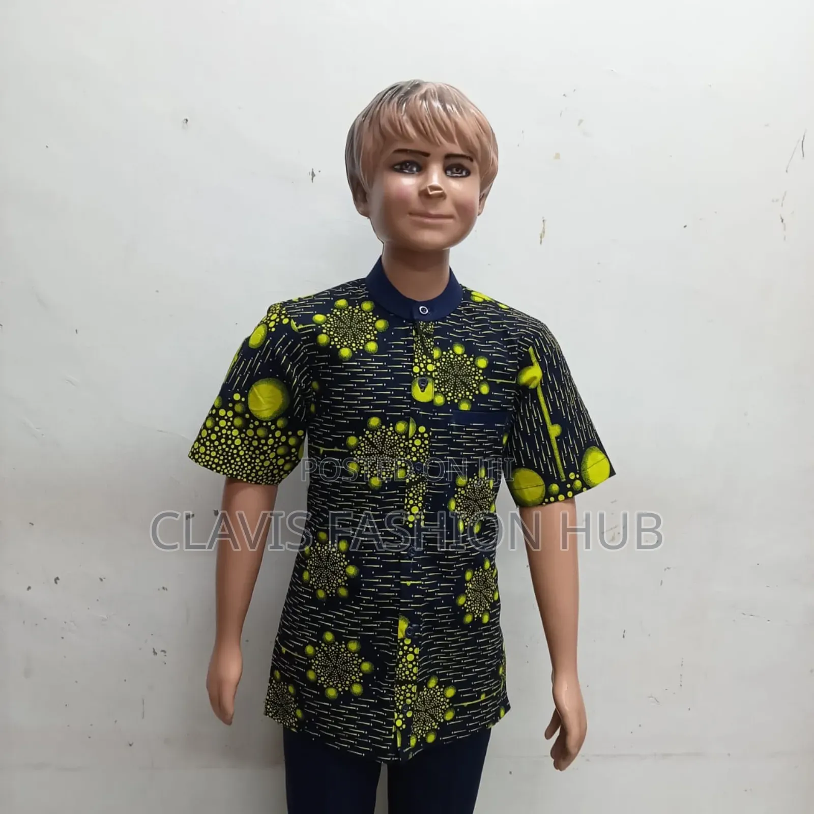 Navy Blue Shirt Sleeved Boys Shirt With Kitenge