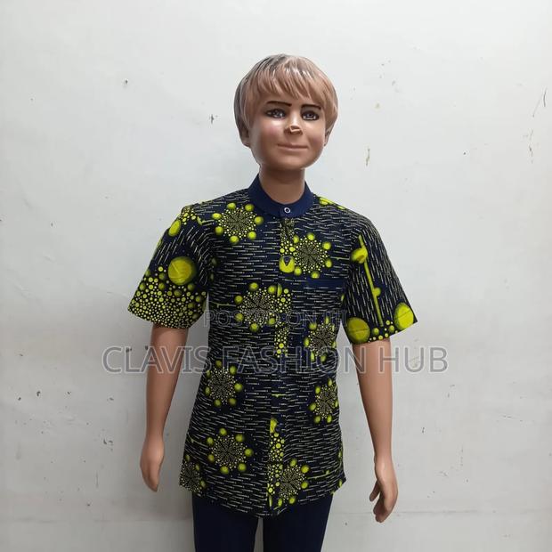 Navy Blue Shirt Sleeved Boys Shirt With Kitenge