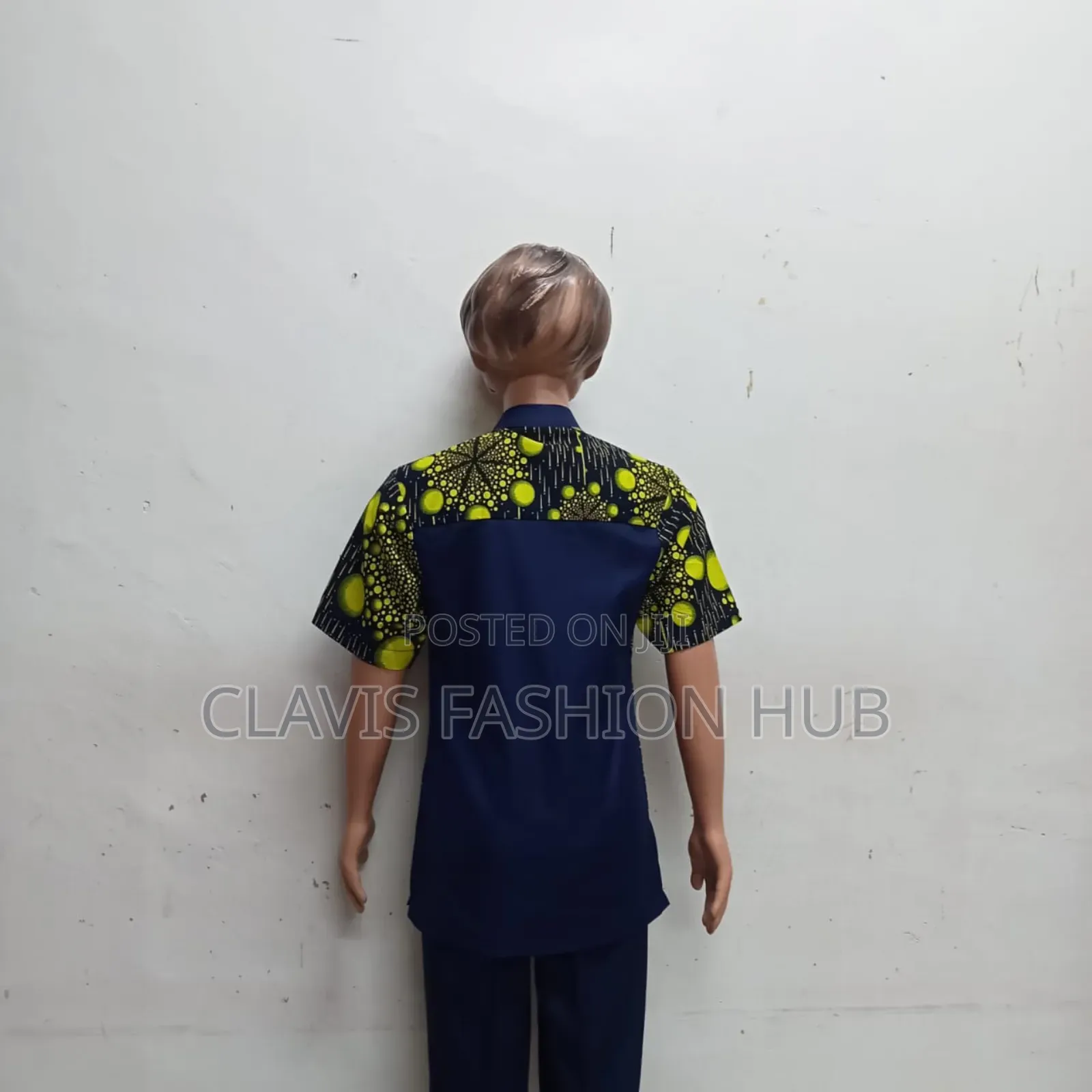 Navy Blue Shirt Sleeved Boys Shirt With Kitenge