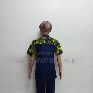Navy Blue Shirt Sleeved Boys Shirt With Kitenge