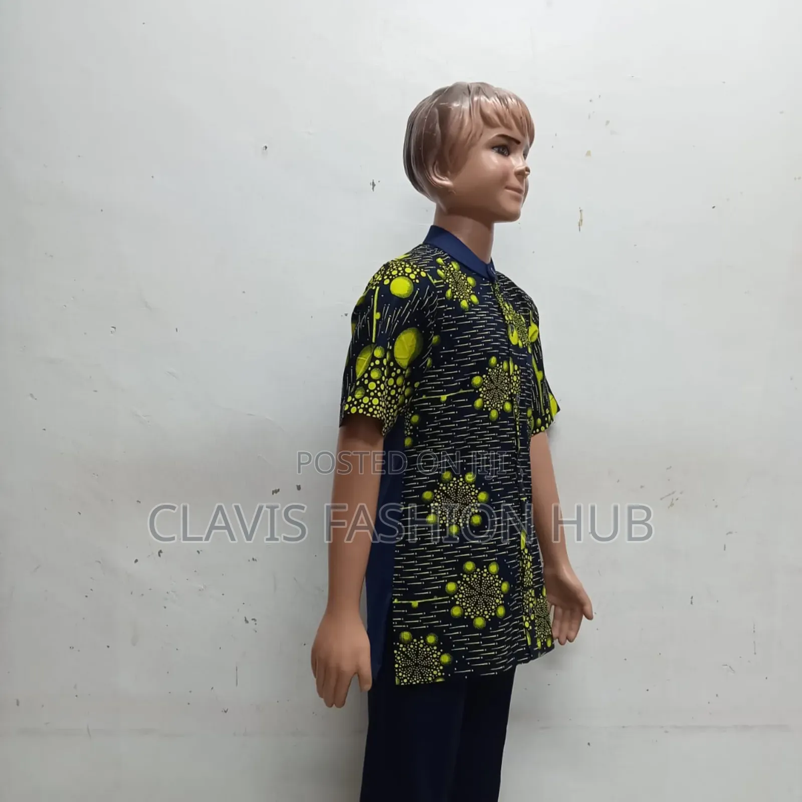 Navy Blue Shirt Sleeved Boys Shirt With Kitenge
