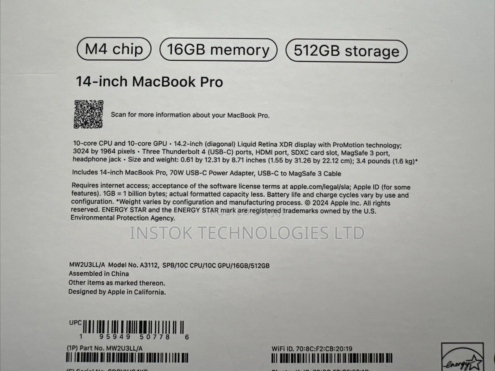 New Laptop Apple MacBook Pro 16GB Apple M4 SSD 512GB