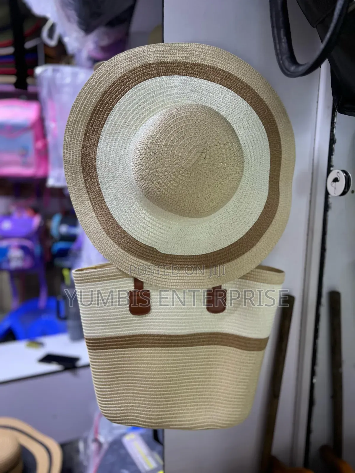 Beige White/Color Straw Hats With Matching Bag Set