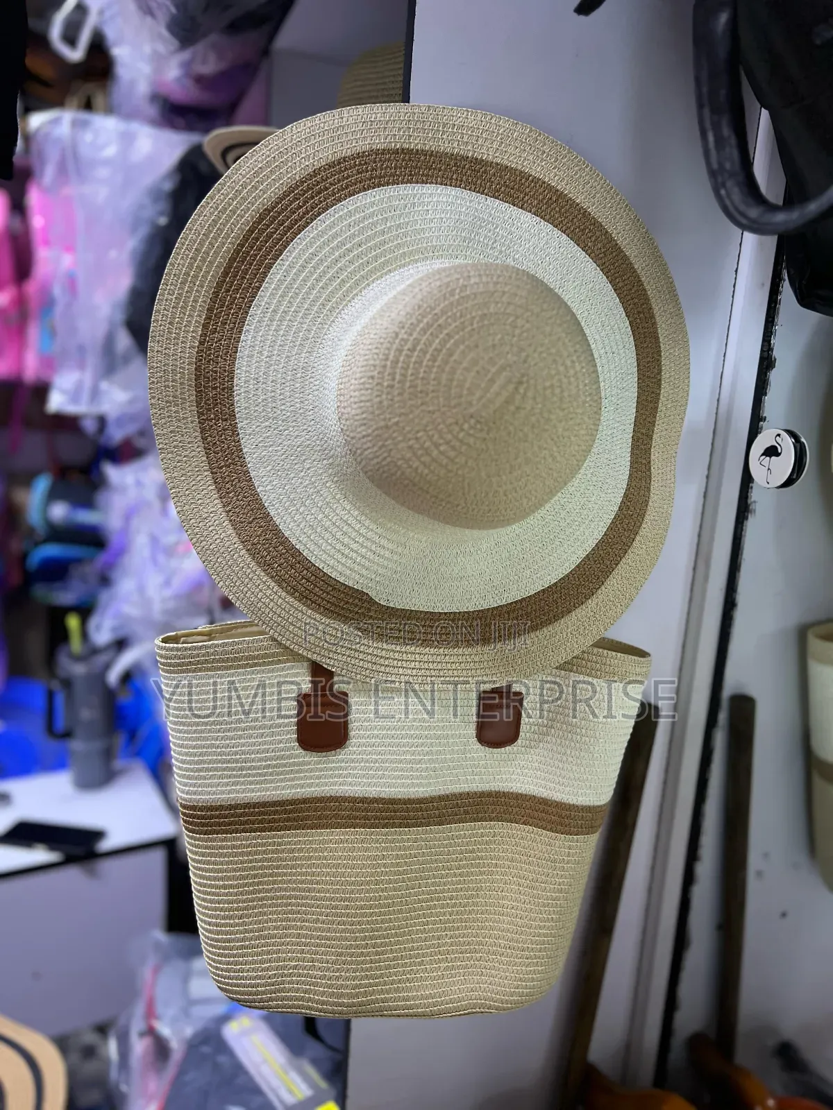 Beige White/Color Straw Hats With Matching Bag Set