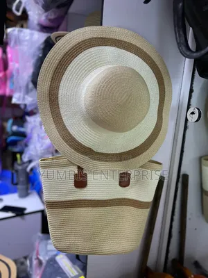 Beige White/Color Straw Hats With Matching Bag Set