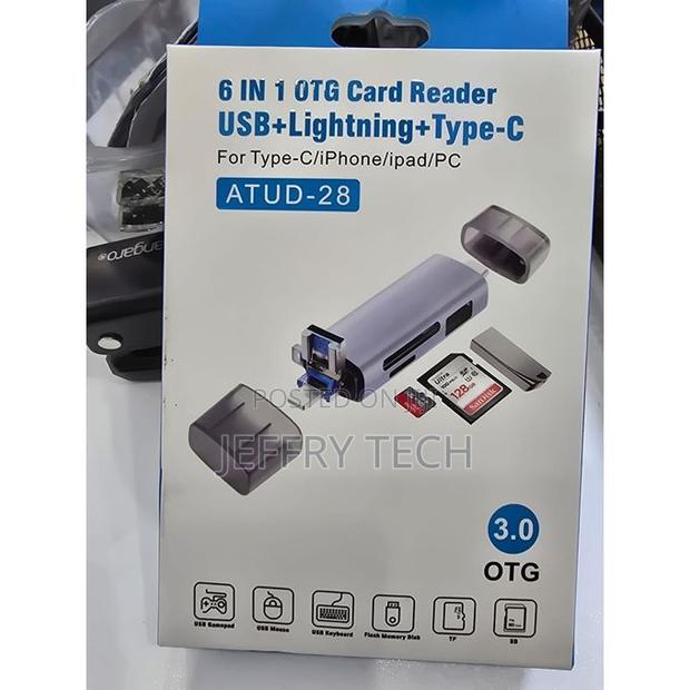 6 in 1 Otg Card Reader With Usb, Lightning, Type-C Ports For