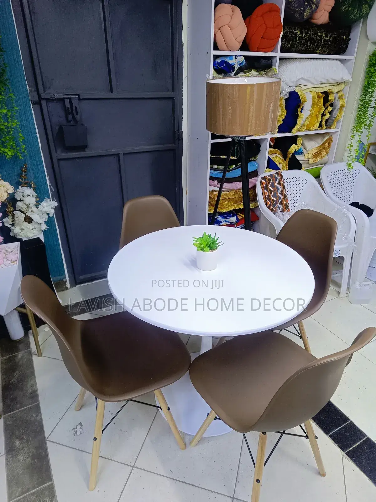 Round White and Brown Dining Table Set With 4 Chairs