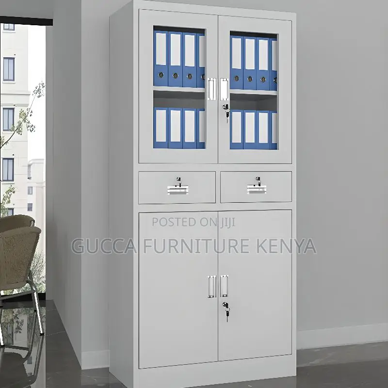 Cabinets: Metallic 2-Door Storage Unit With Drawers