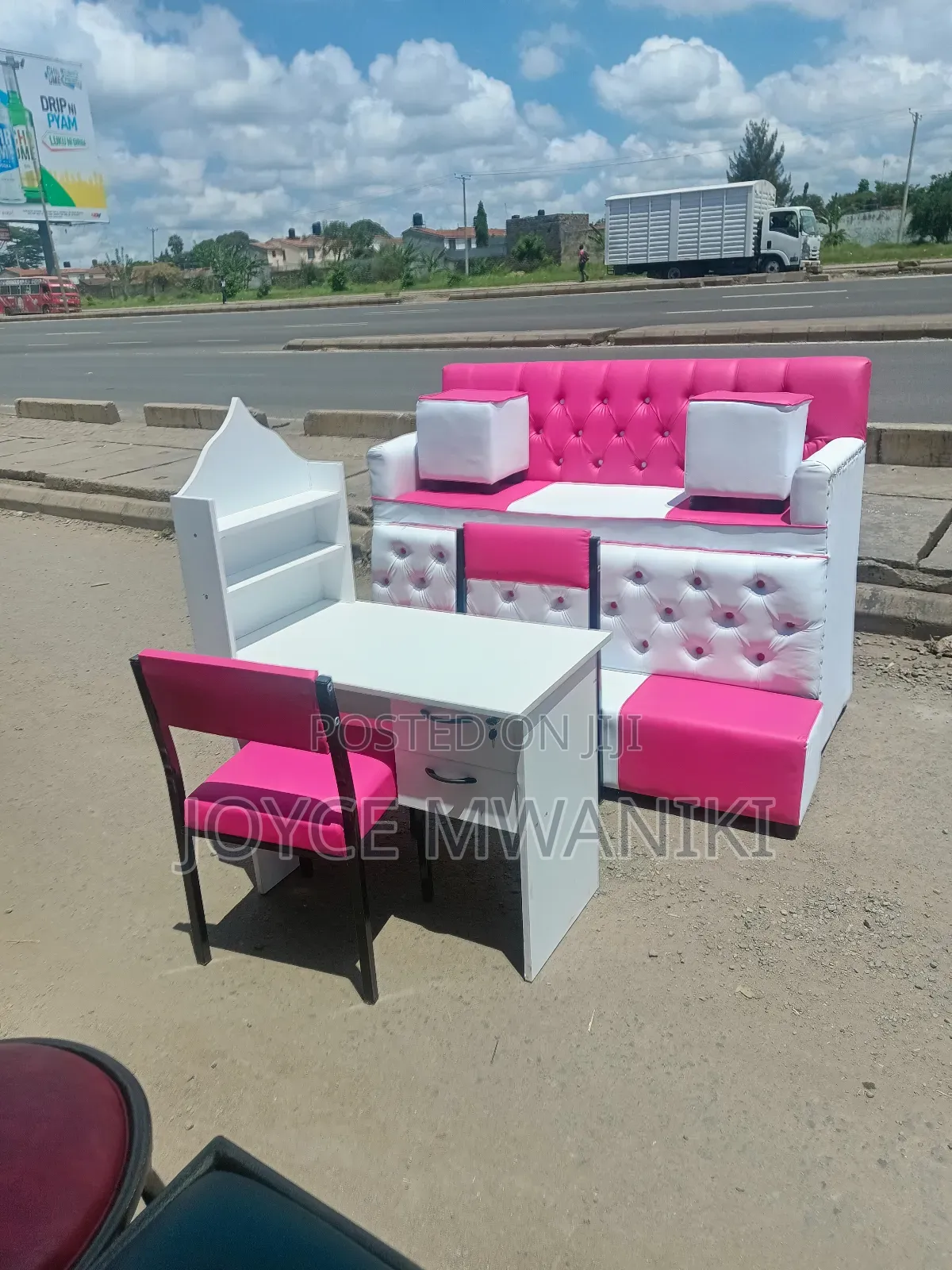 3 Seater Pedicure Seat and Manicure Set, Hot Pink and White