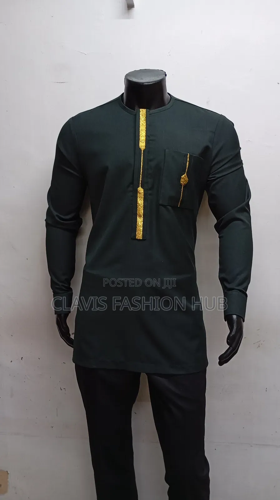 Men African Long Sleeved Emerald Green Shirt