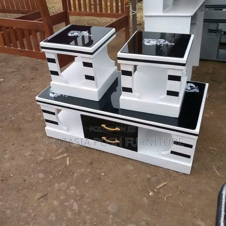 Modern White and Black Coffee Table Set With Side Stools