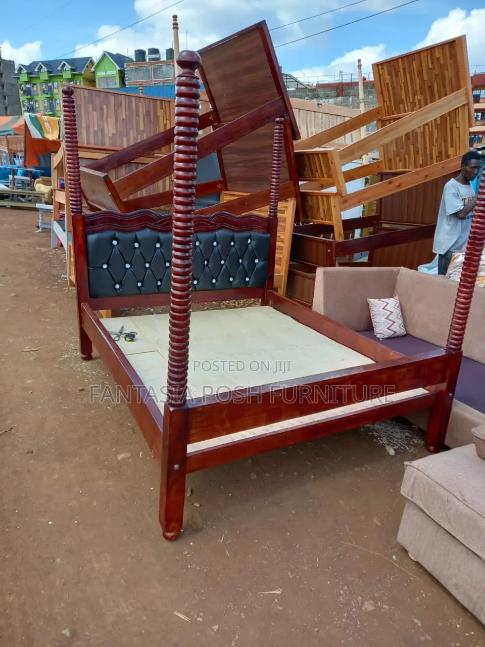 5*6 Four-Poster Mahogany Bed With Black Tufted Back