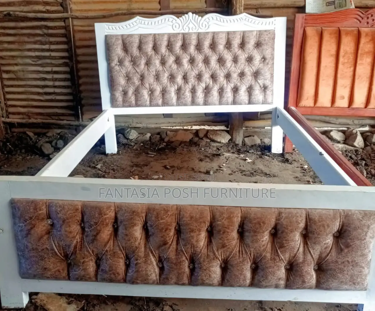 5 by 6 Vintage Tufted Bed With Carved White Frame