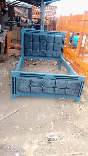 5 by 6 Upholstered Modern Blue Tufted Bed With Black Trim