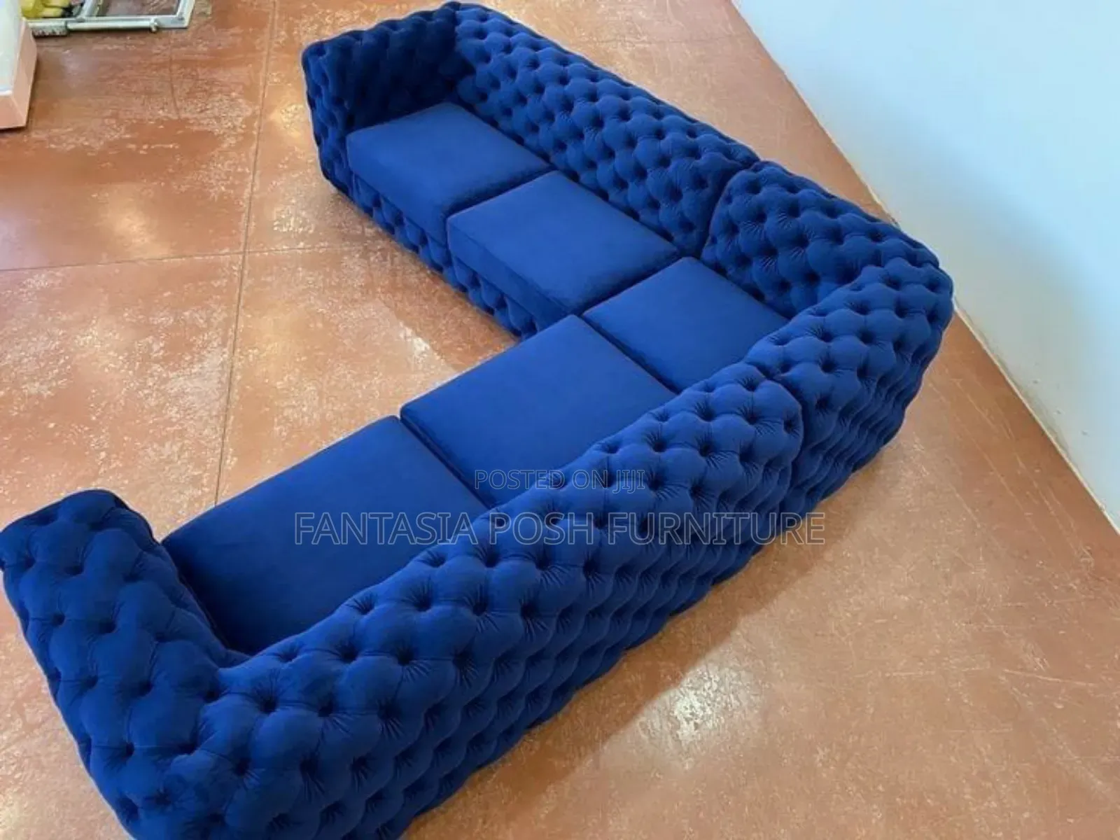 Blue Leather 6 Seater Sofa.
