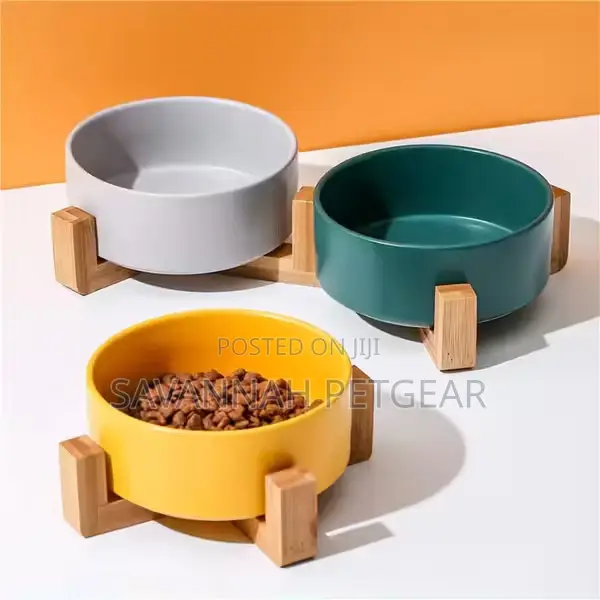 Luxfur Wood Stand Ceramic Pet Bowl for Cats Dogs, 22cm