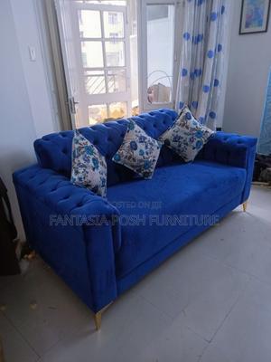 3-Seater Deep Blue Sofa With Golden Legs - thumbnail 2
