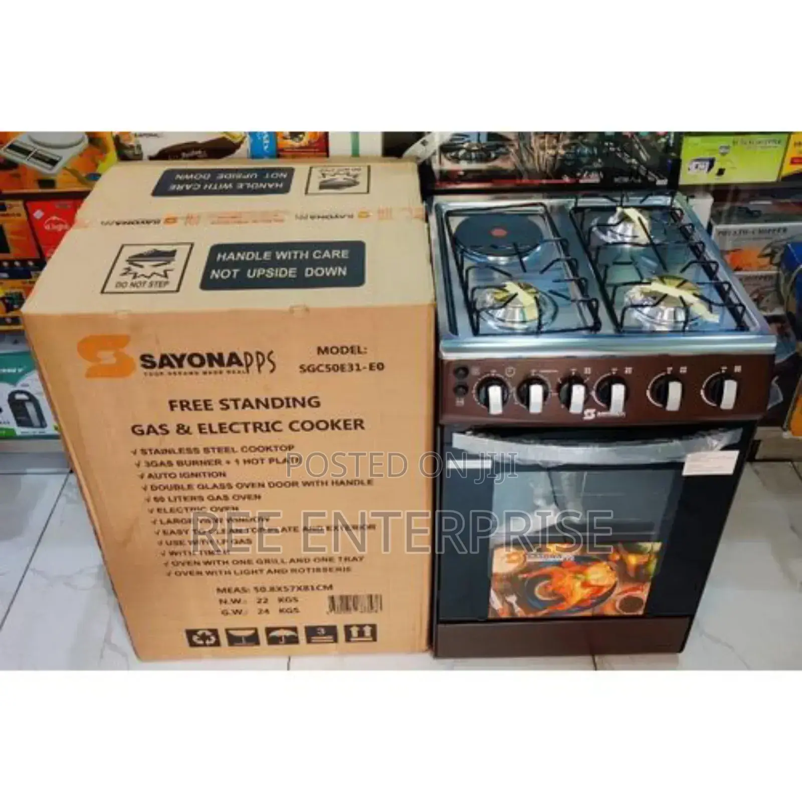 Brown Sayona 3gas+1 Electric Plate Standing Cooker