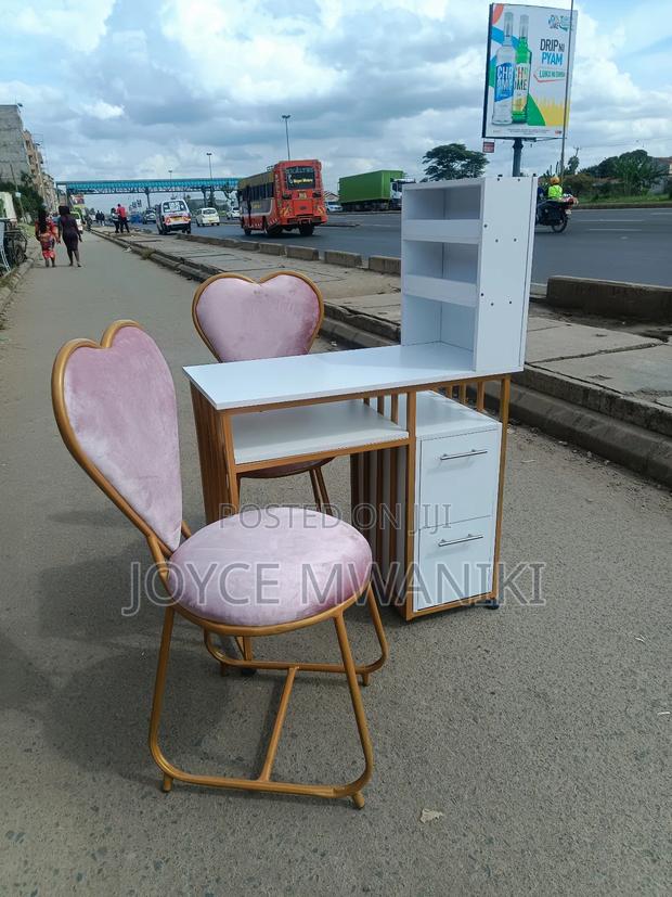Manicure Set, Baby Pink Seats and White Table - main view