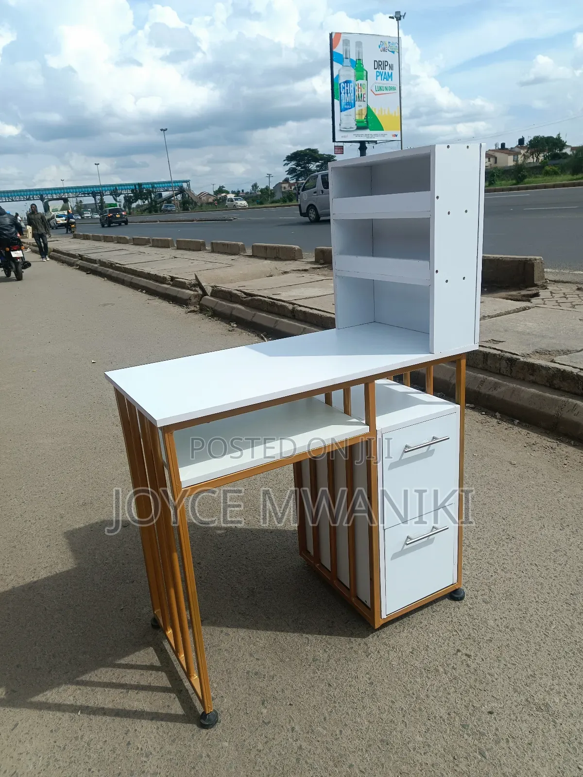 Manicure Table, White Board With Metallic Gold Frame