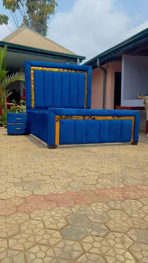 Blue Upholstered Bed With Side Tables