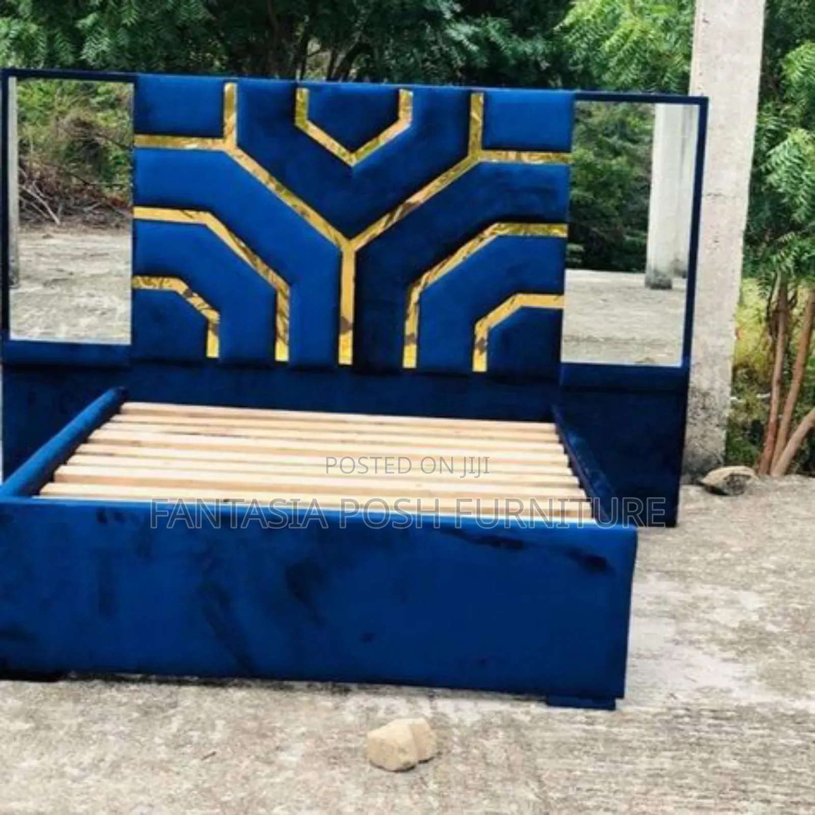 Blue Upholstered Bed With Side Tables