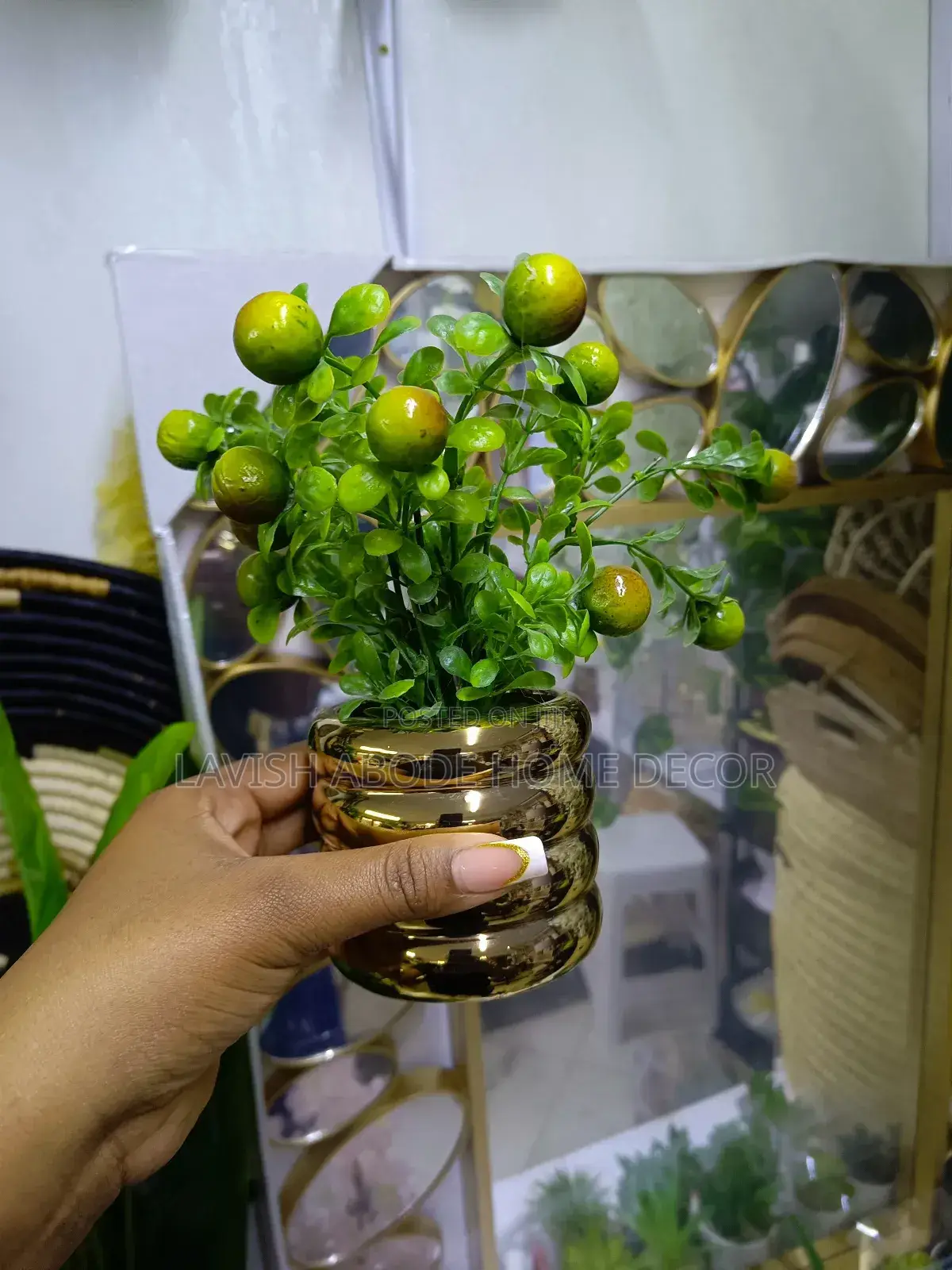 Bonsai Flower in a Gold Vase for Interior Decor