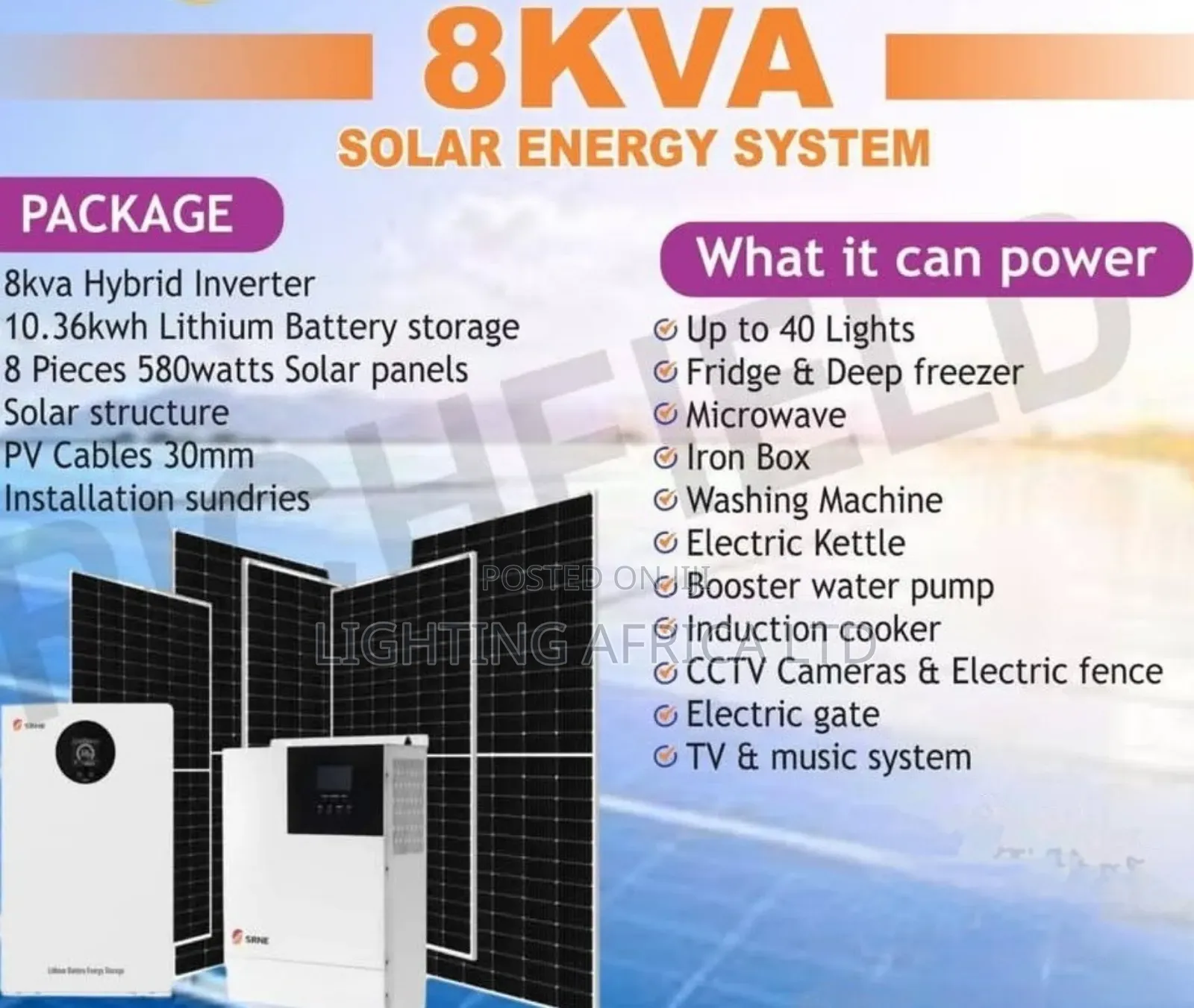8kva Hybrid Inverter + 10.36kwh Lithium Off-Grid System