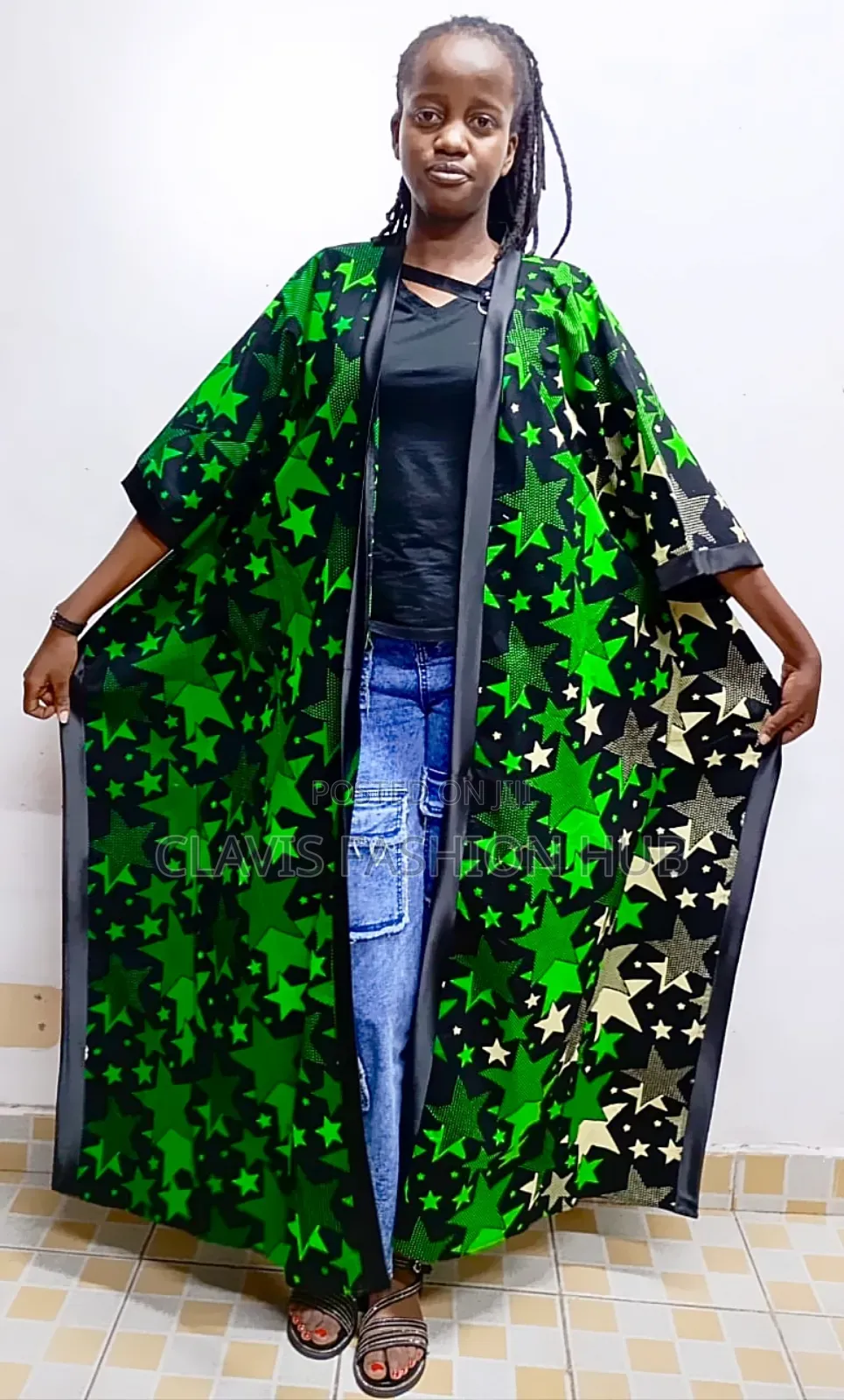 Green Ankara Kimono With Stars