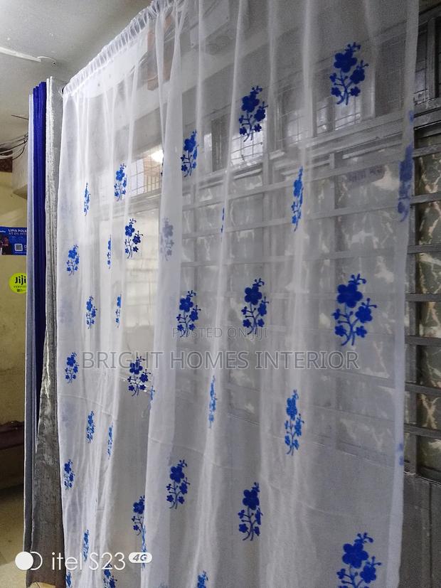 White Sheers With Royal Blue Flowers